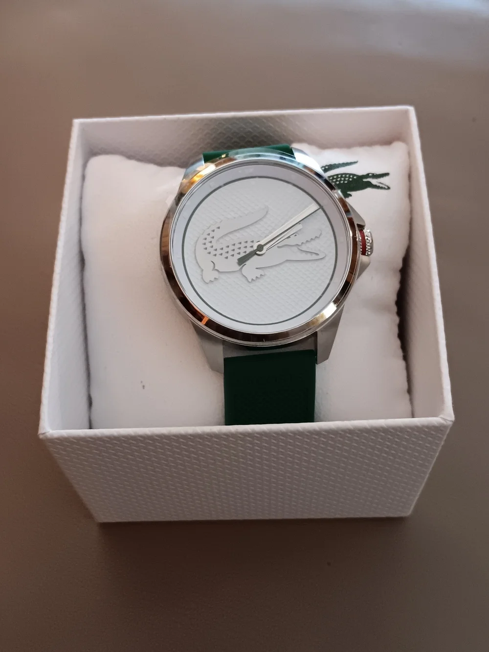 Lacoste Silver Dial Watch with Green Strap and Crocodile Logo